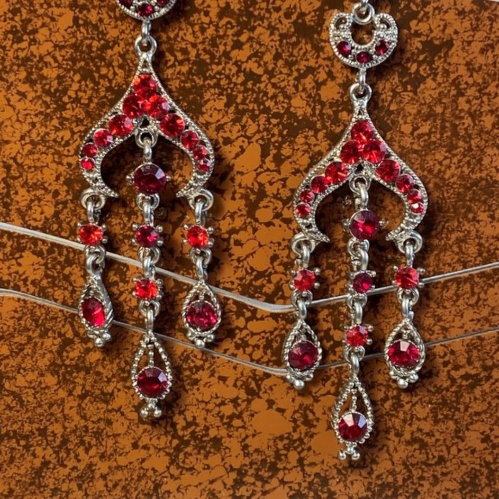 Vintage Silver and Red Crystal Chandelier Earrings